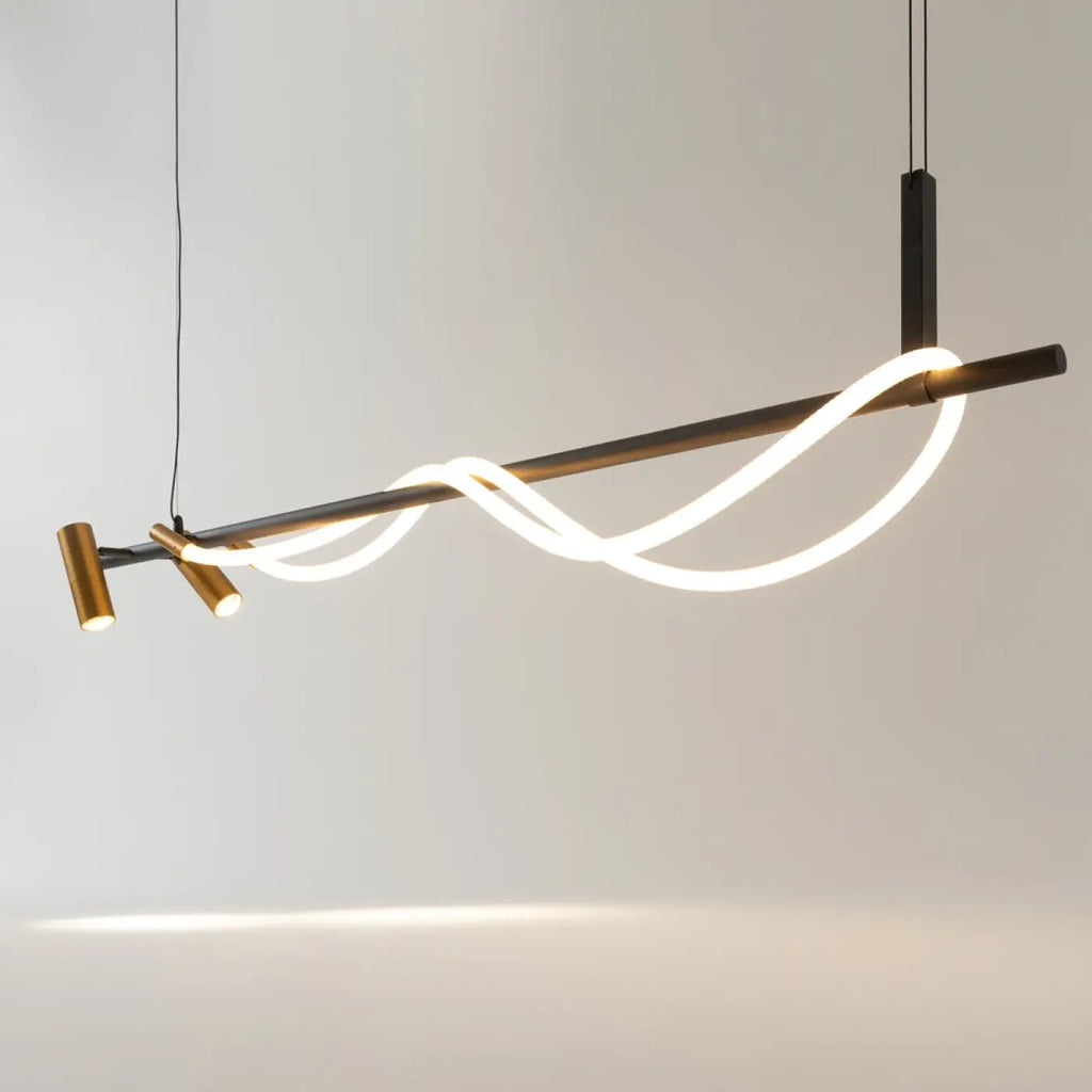 Suspension LED en ruban noué, acier noir et verre, 140 cm