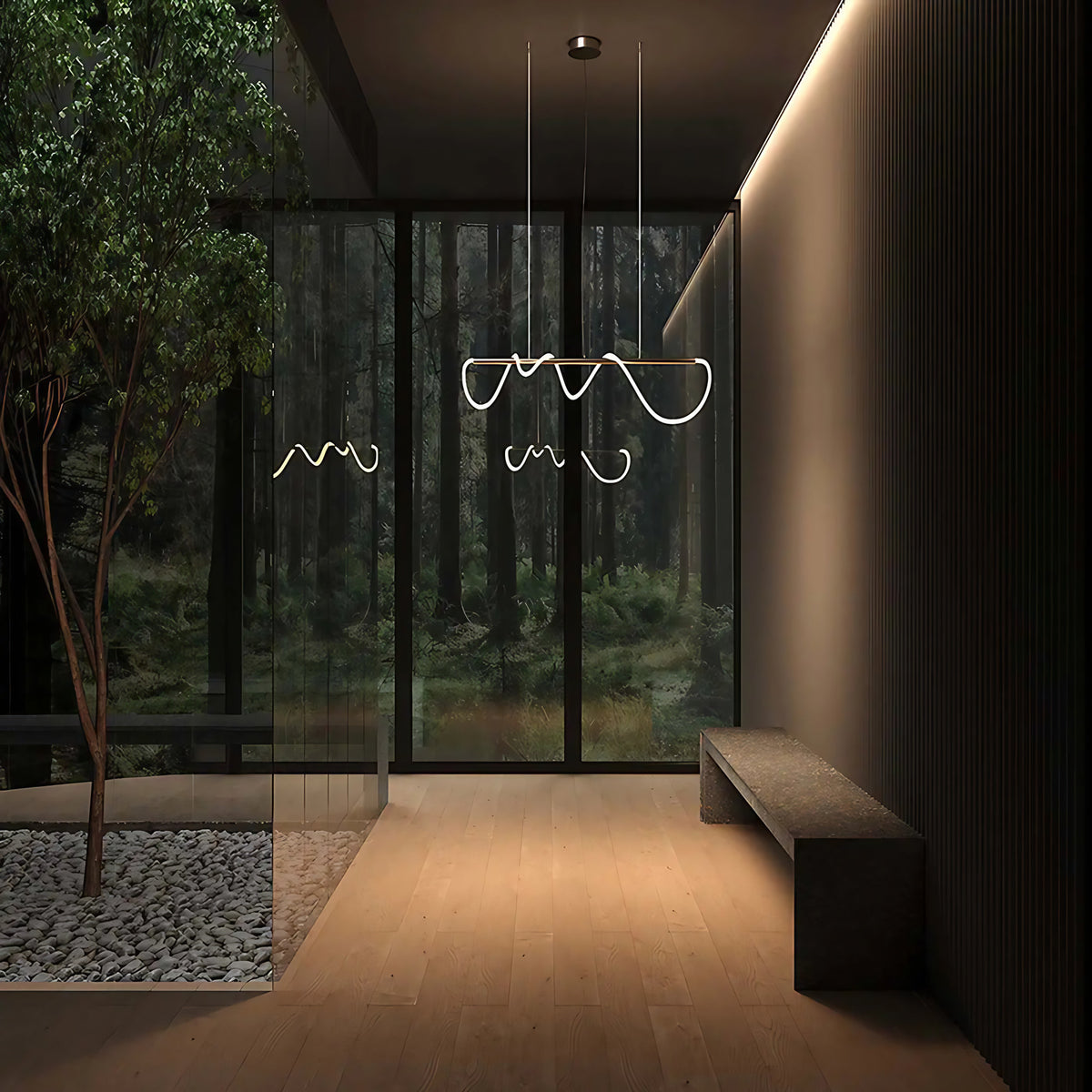 Suspension LED en ruban ondulé, acier doré et verre