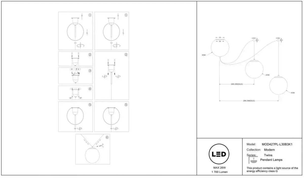 Suspension LED à deux ou trois globes en verre opalin blanc
