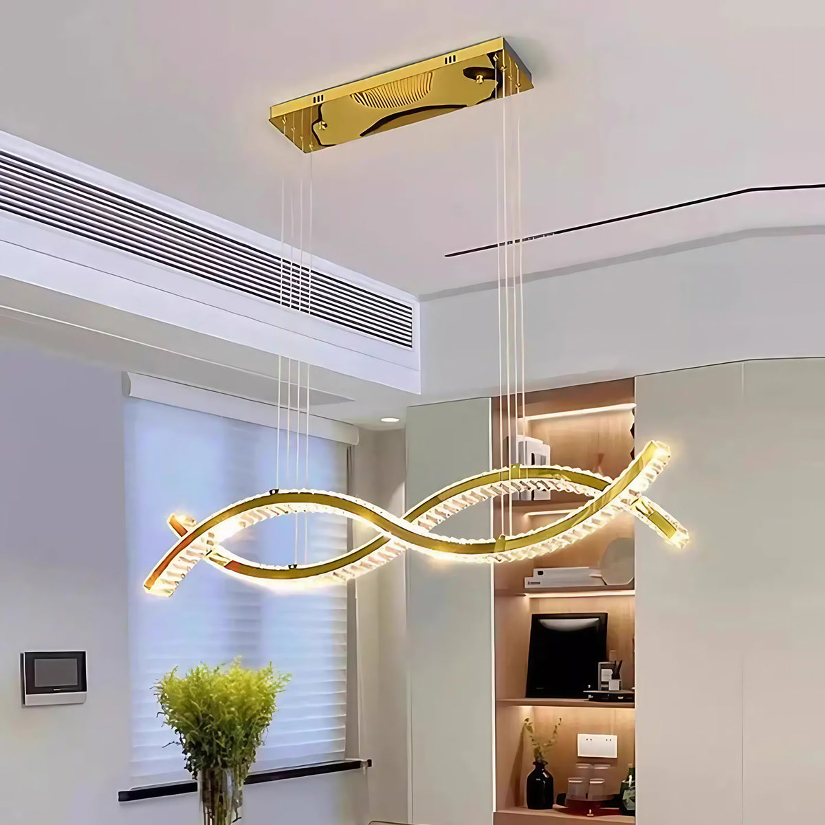 Suspension LED en vague dorée, trois tailles, lumière au choix