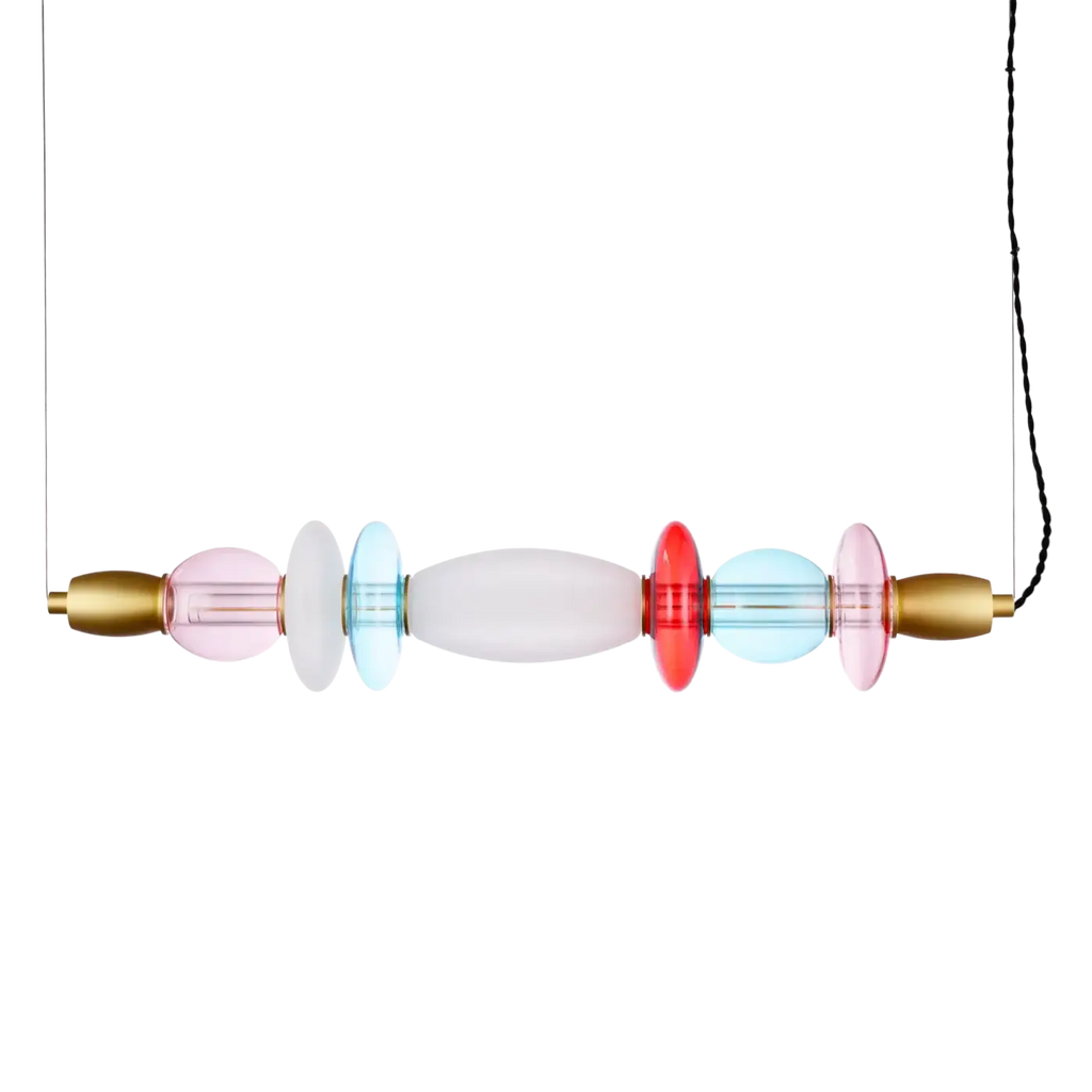 Suspension horizontale à verrines en verre soufflé, structure dorée, rouge