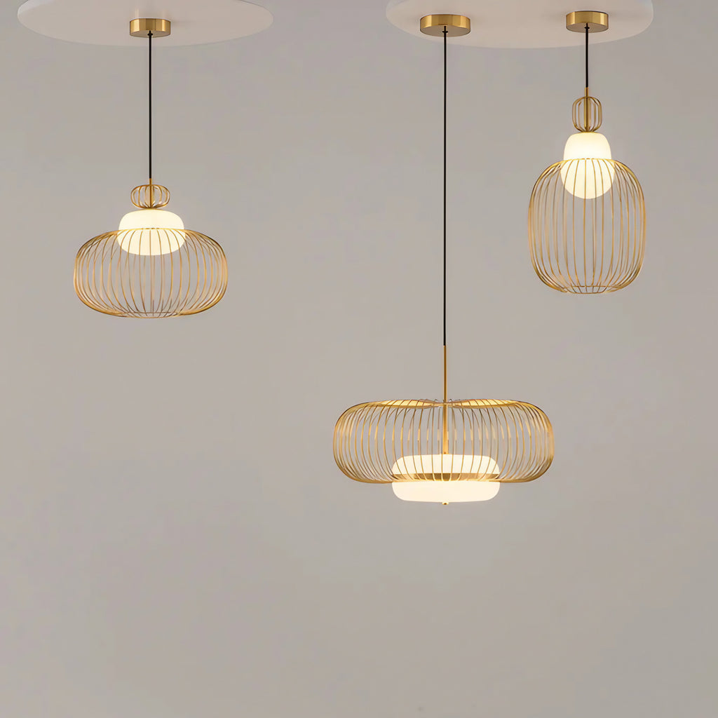 Suspension cage dorée géométrique en métal et verre, trois tailles