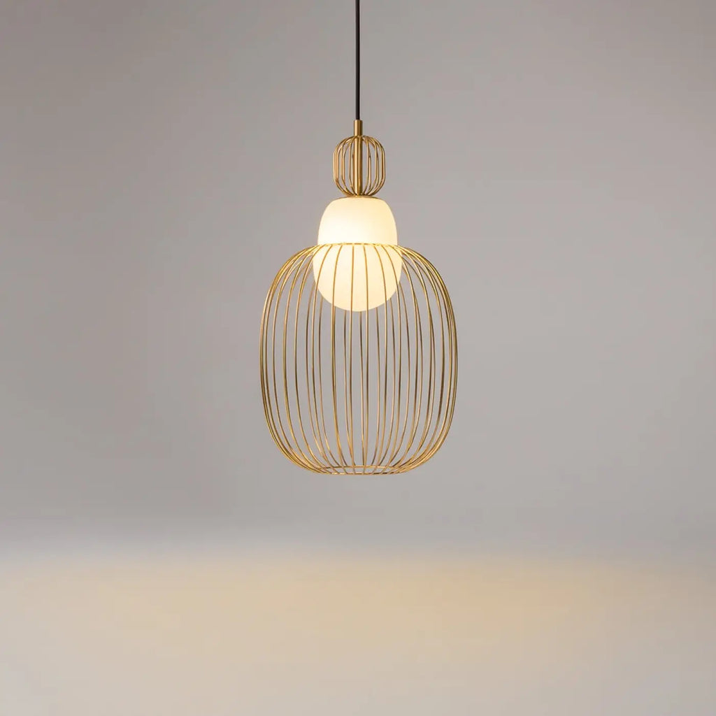 Suspension cage dorée géométrique en métal et verre, trois tailles