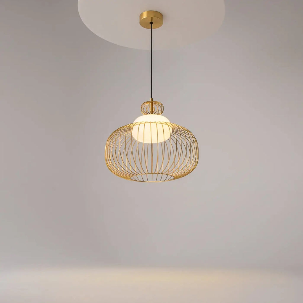 Suspension cage dorée géométrique en métal et verre, trois tailles