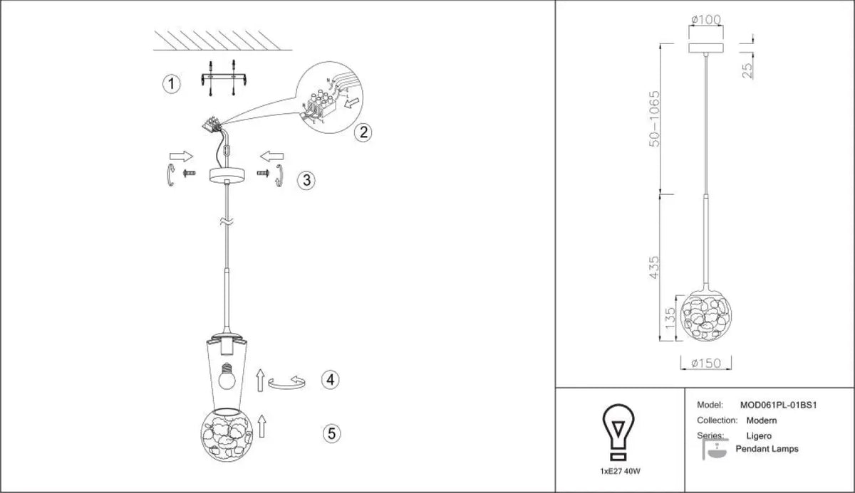 Suspension en verre transparent et acier doré, culot E27