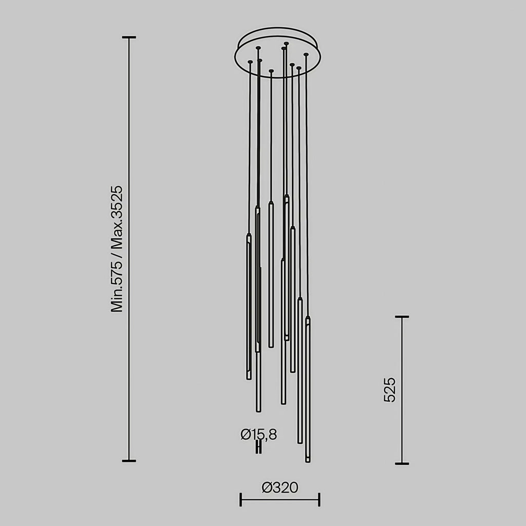 Suspension LED en grappe de bâtons lumineux, acier doré ou noir