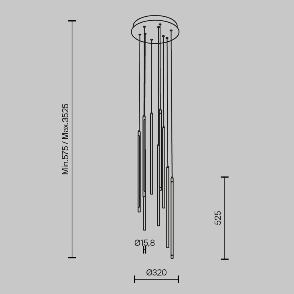 Suspension LED en grappe de bâtons lumineux, acier doré ou noir