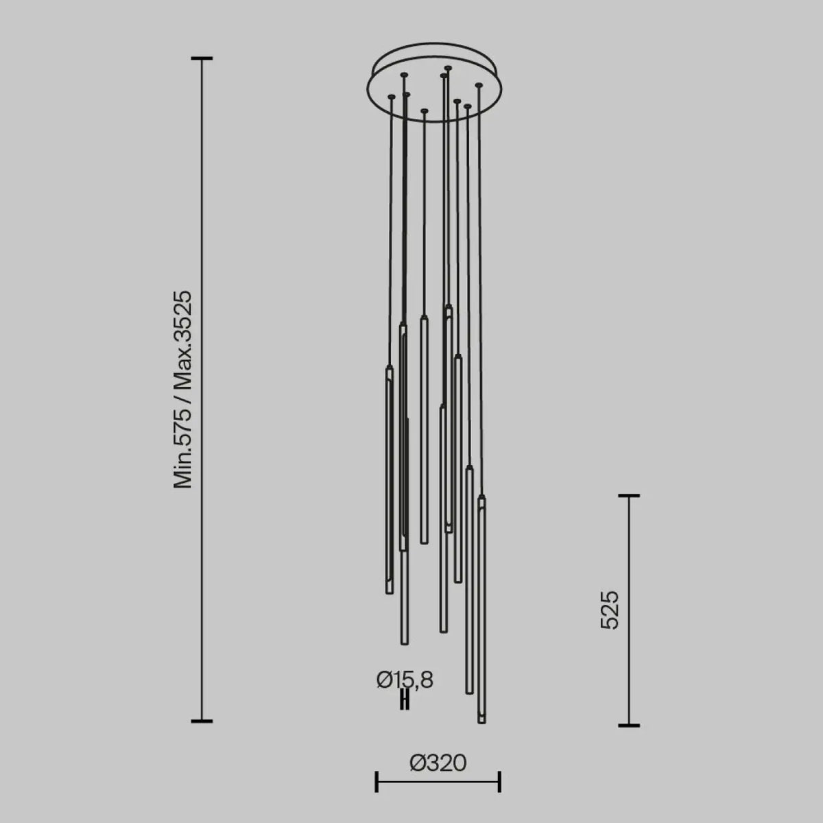 Suspension LED en grappe de bâtons lumineux, acier doré ou noir