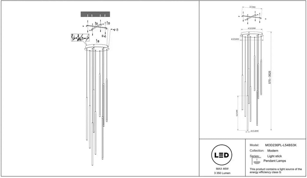 Suspension LED en grappe de bâtons lumineux, acier doré ou noir