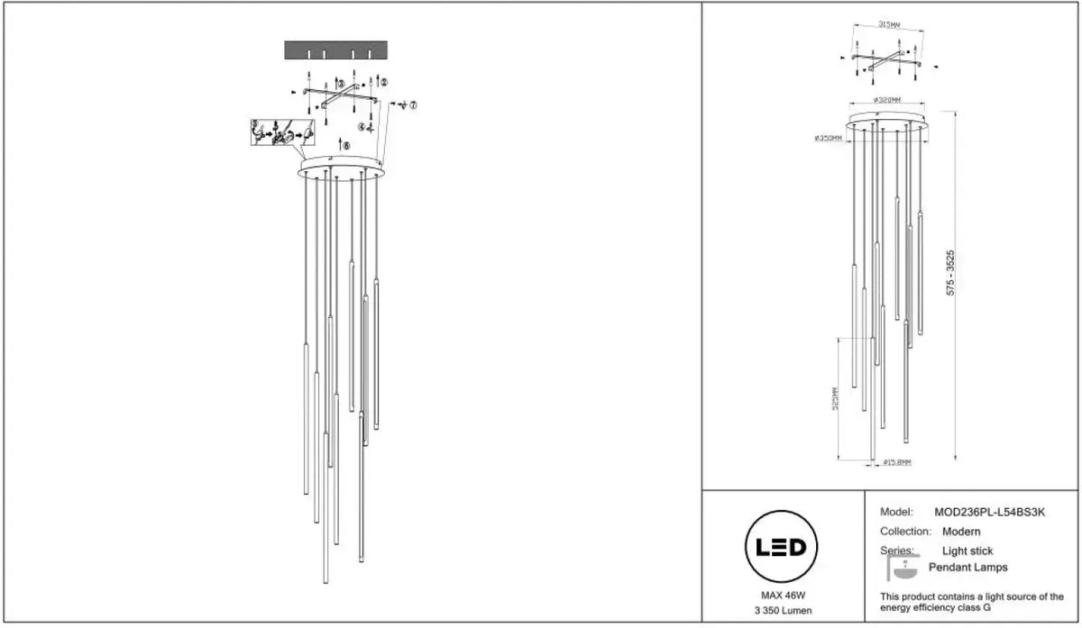 Suspension LED en grappe de bâtons lumineux, acier doré ou noir
