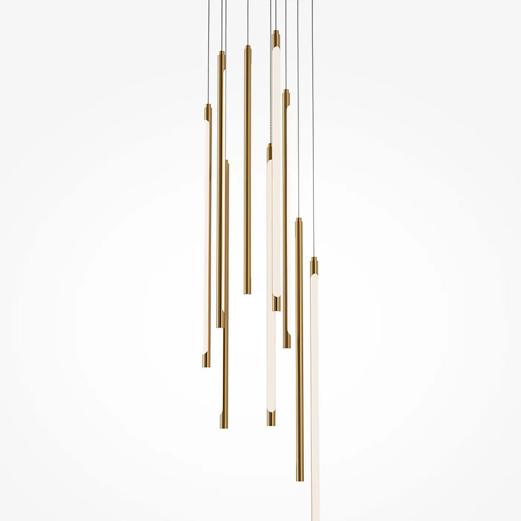 Suspension LED en grappe de bâtons lumineux, acier doré ou noir