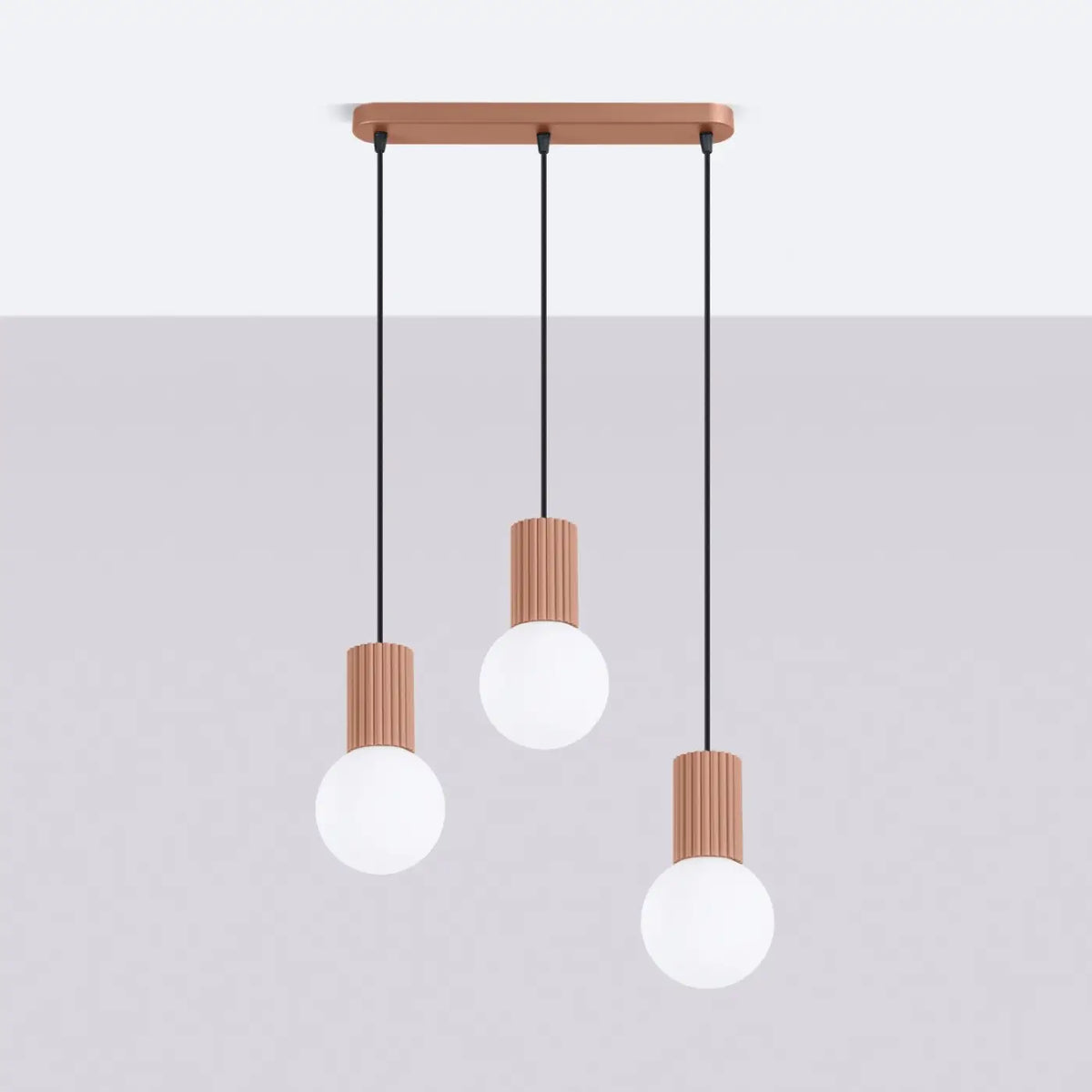 Suspension en rampe à globes de verre opalin, 2 ou 3 lumières G9, moka