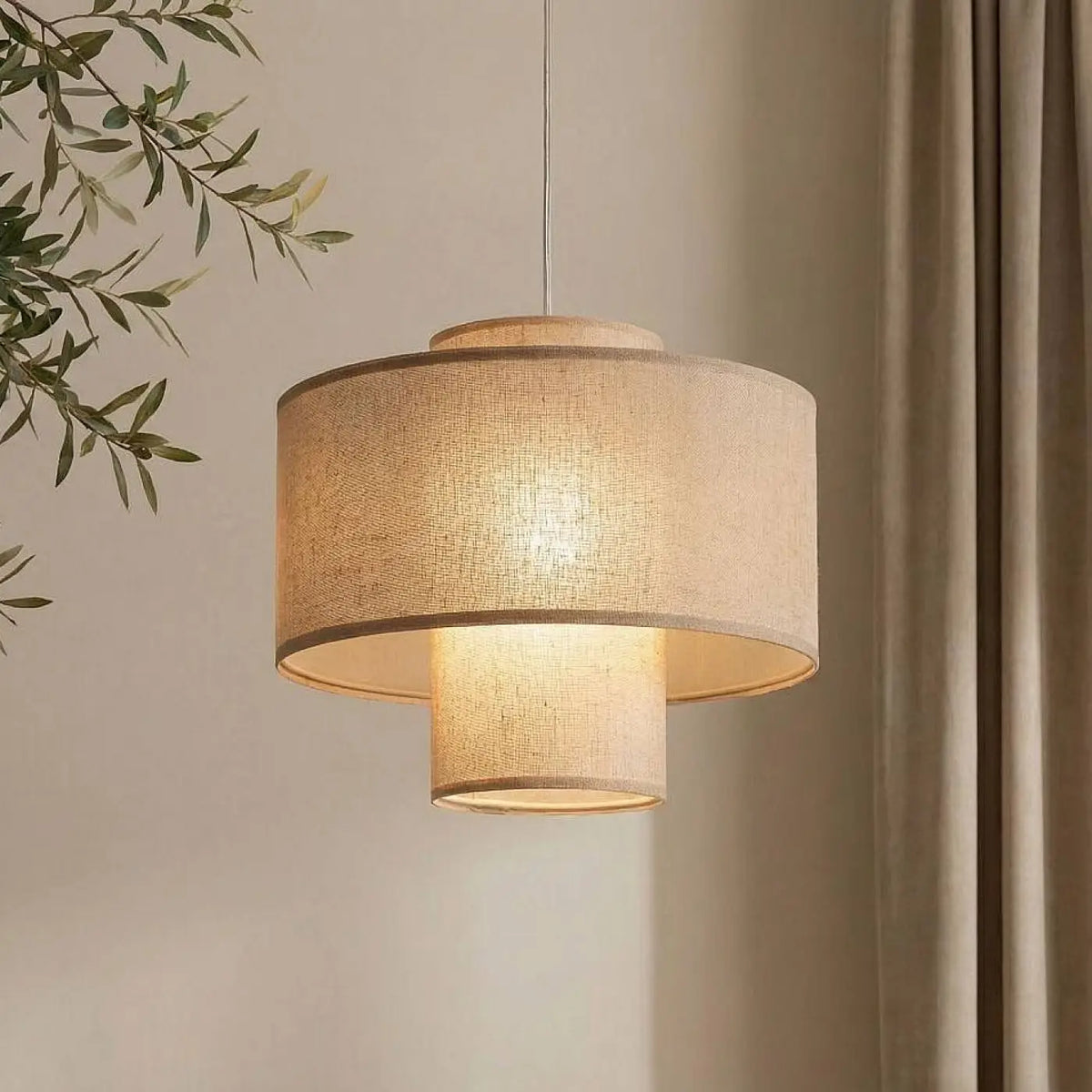 Suspension double abat-jour en tissu effet lin, marron clair