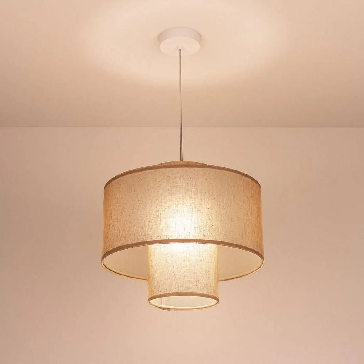 Suspension double abat-jour en tissu effet lin, marron clair