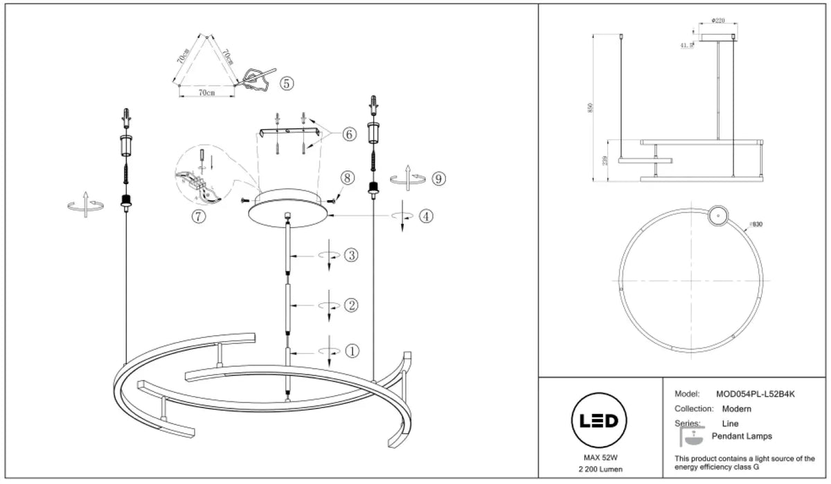 Suspension LED circulaire en lignes d'acier noir, 83 cm