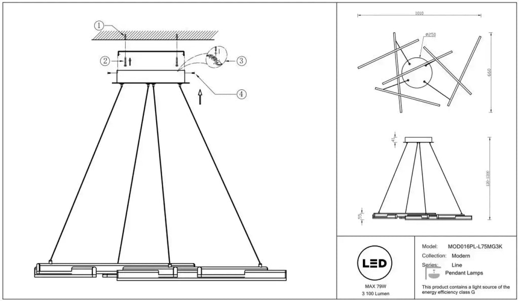 Suspension LED linéaire à tracé géométrique, acier doré, 101 cm