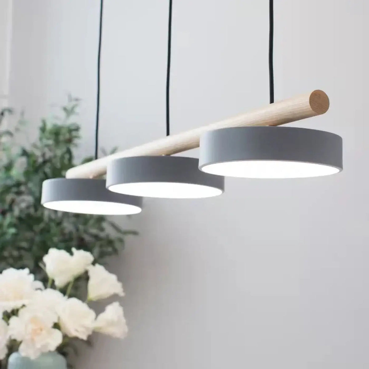Suspension linéaire à 3 disques LED, bois et métal, 6 coloris