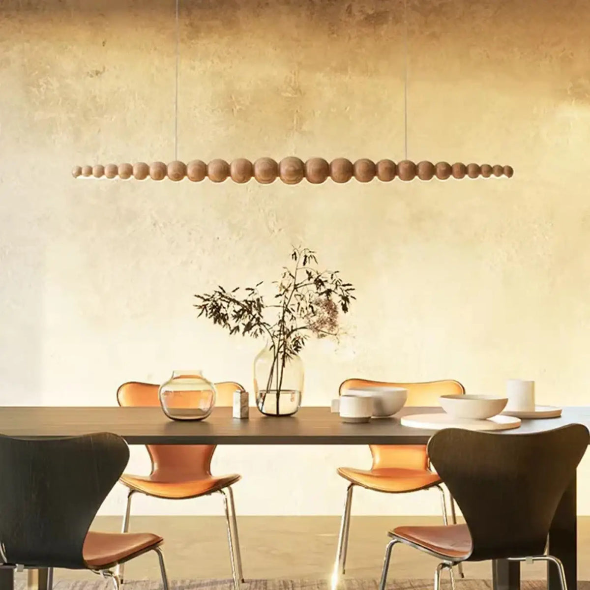 Suspension linéaire en perles de bois, style scandinave