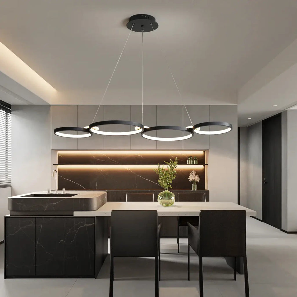 Suspension à anneaux LED, noir, doré ou argenté, noir