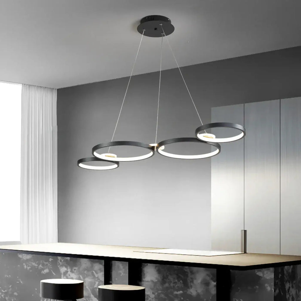 Suspension à anneaux LED, noir, doré ou argenté