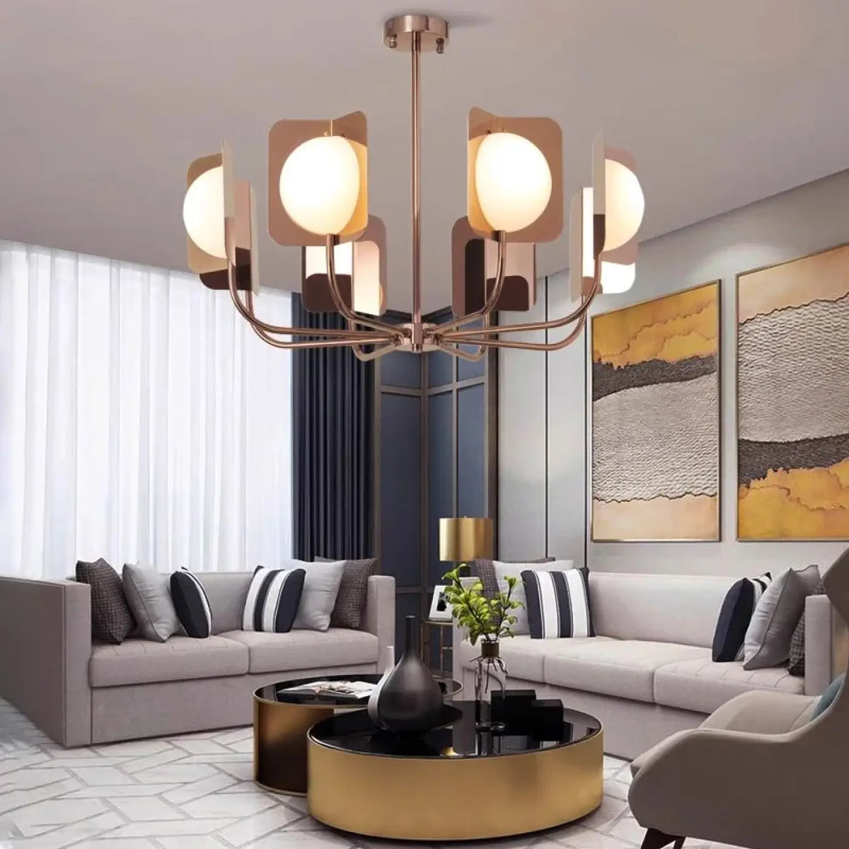 Suspension art déco à globes opalins, métal doré rose, S, M, L