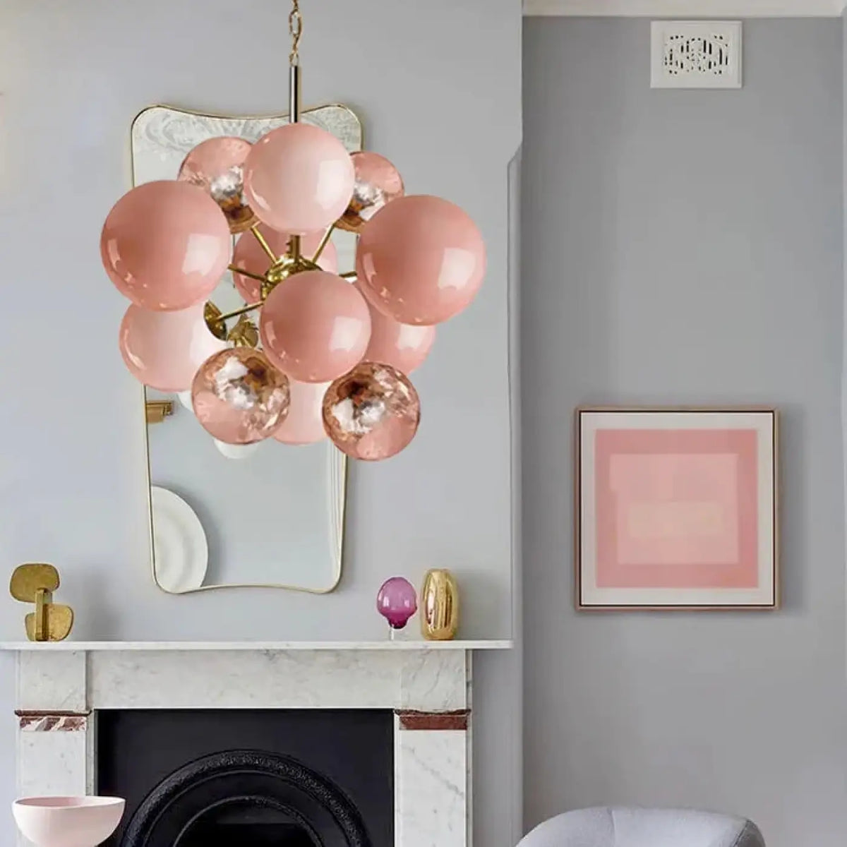 Suspension ballon de verre, abat-jour bois de rose, rose ou vert
