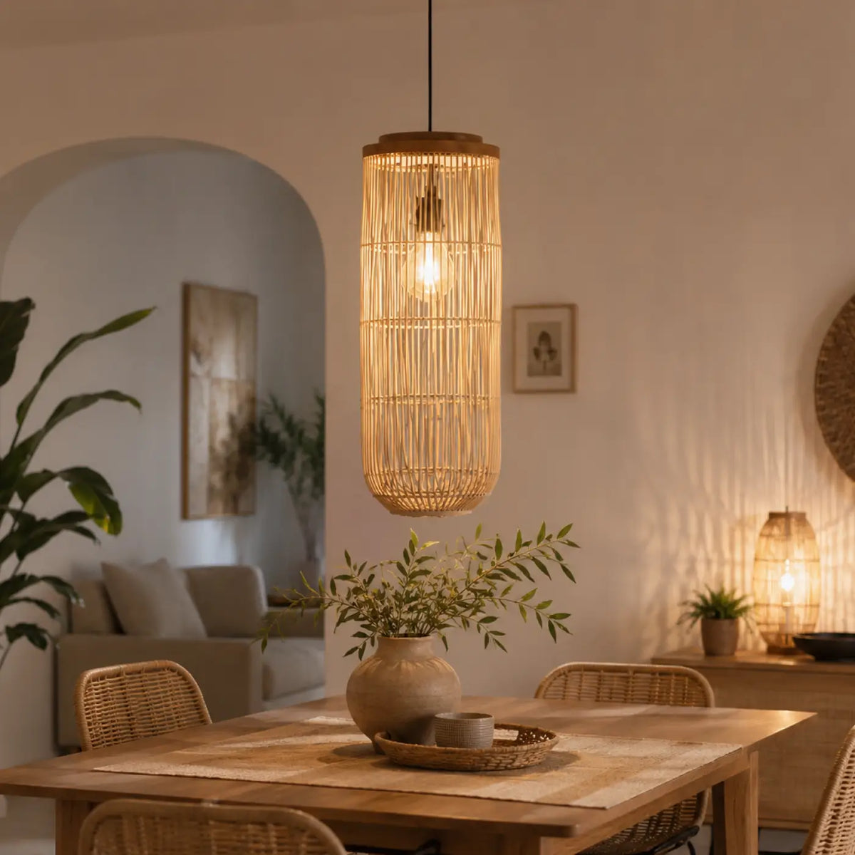 Suspension en bambou cylindrique bohème, noir ou beige