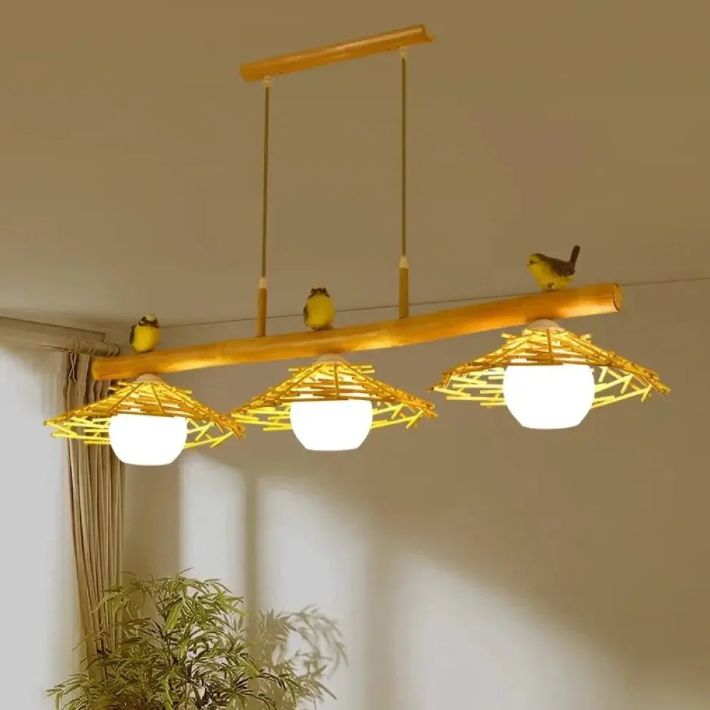Suspension en bambou tressé avec oiseaux perchés, tailles S à XL