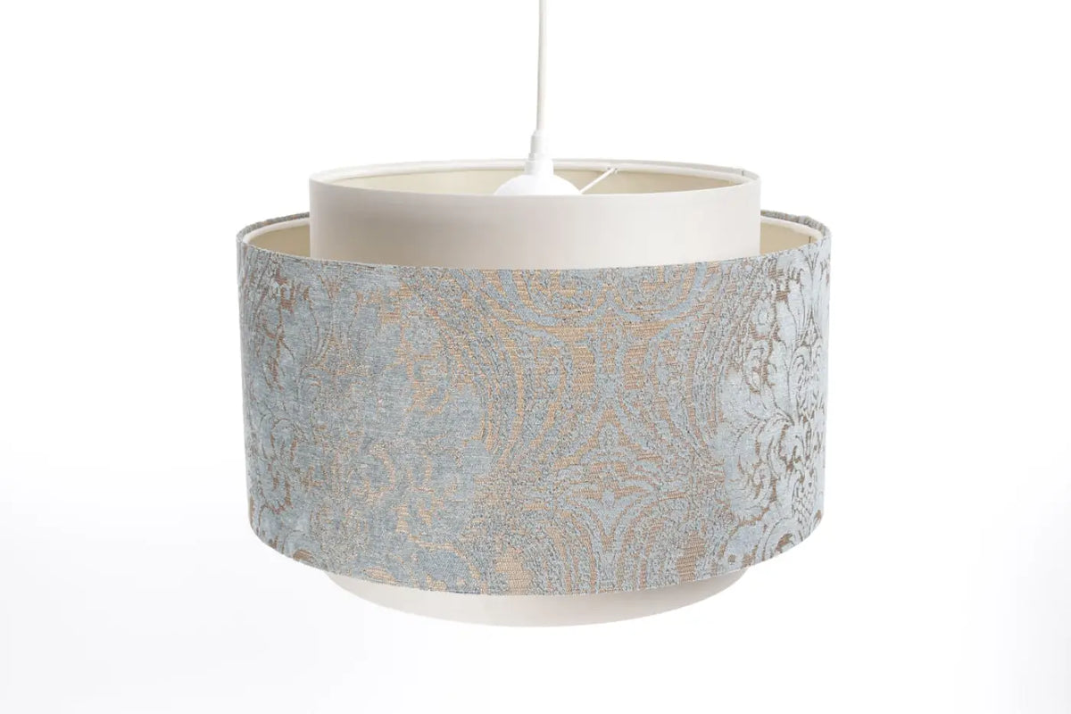 Suspension double cylindre crème et bleu clair à motifs ornementaux