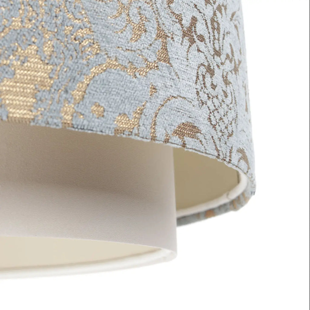 Suspension double cylindre crème et bleu clair à motifs ornementaux