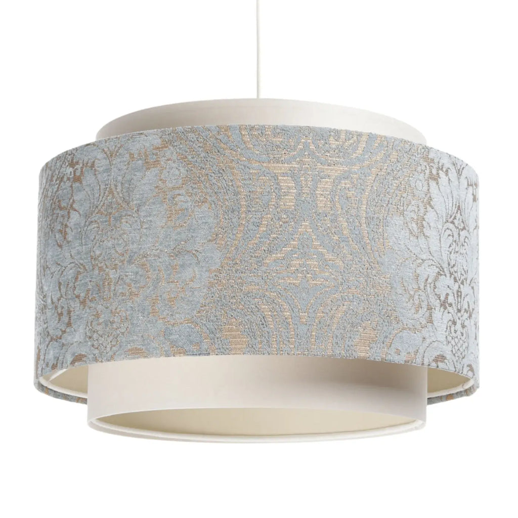 Suspension double cylindre crème et bleu clair à motifs ornementaux