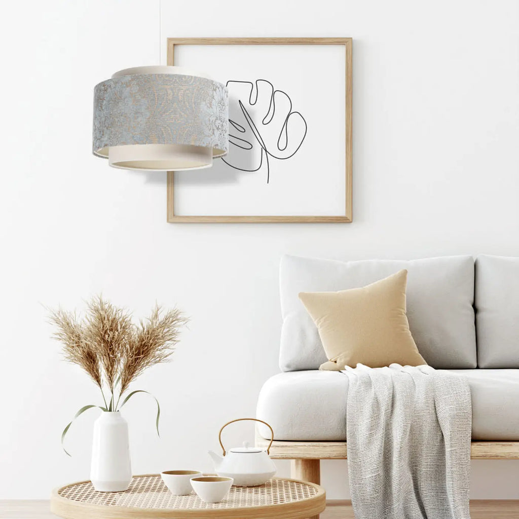 Suspension double cylindre crème et bleu clair à motifs ornementaux