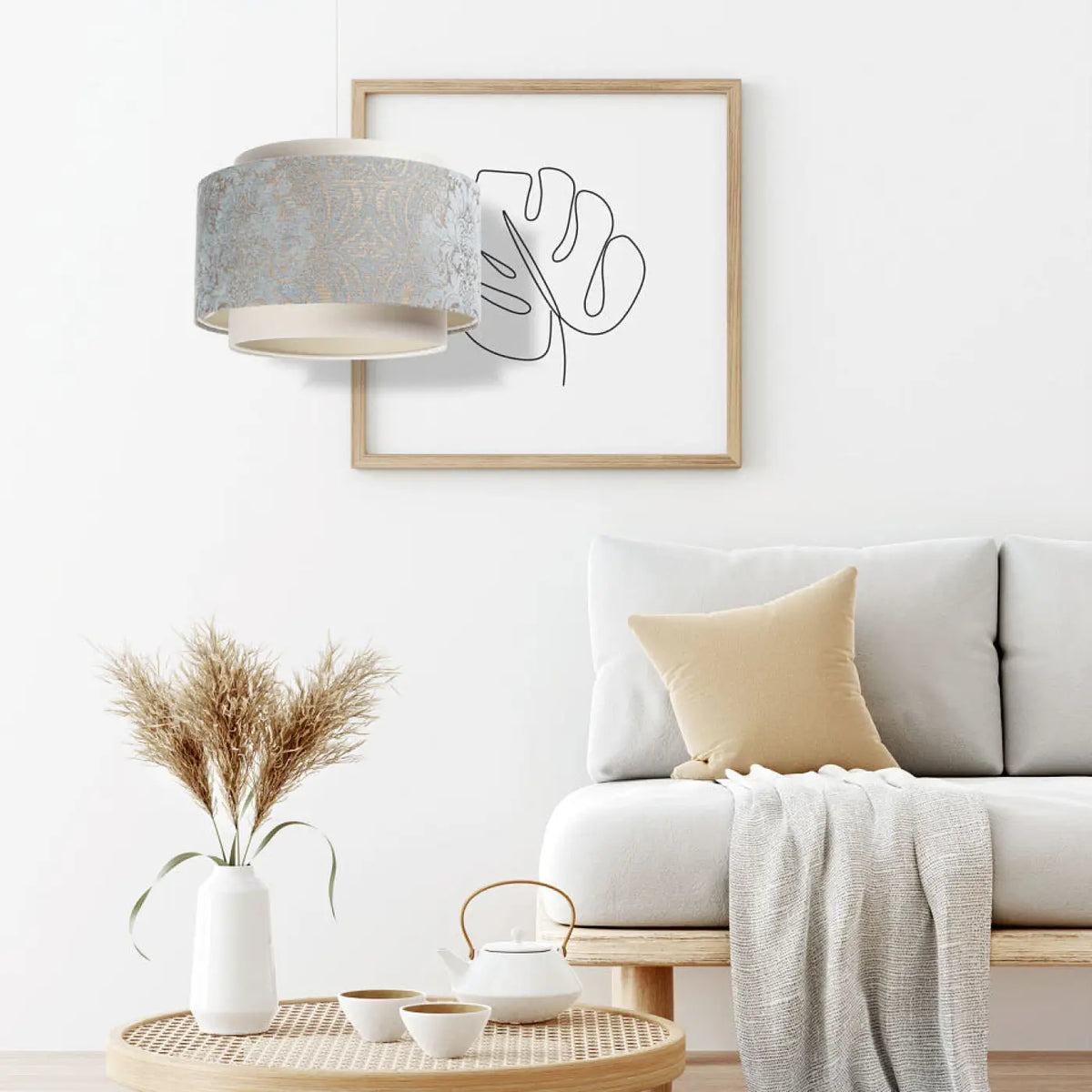 Suspension double cylindre crème et bleu clair à motifs ornementaux