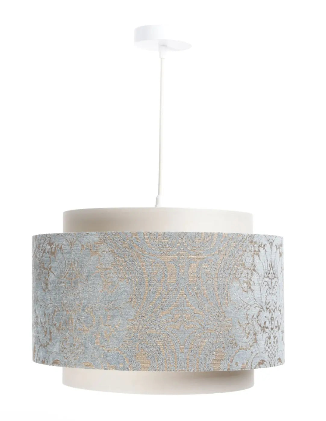 Suspension double cylindre crème et bleu clair à motifs ornementaux