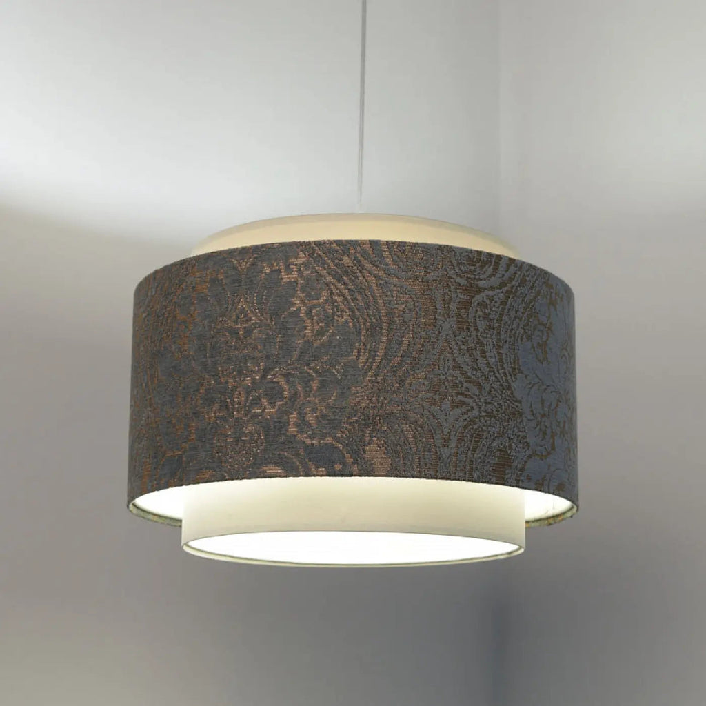Suspension double cylindre crème et bleu clair à motifs ornementaux