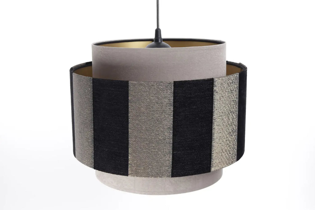 Suspension double cylindre beige, noir et doré, en tissu