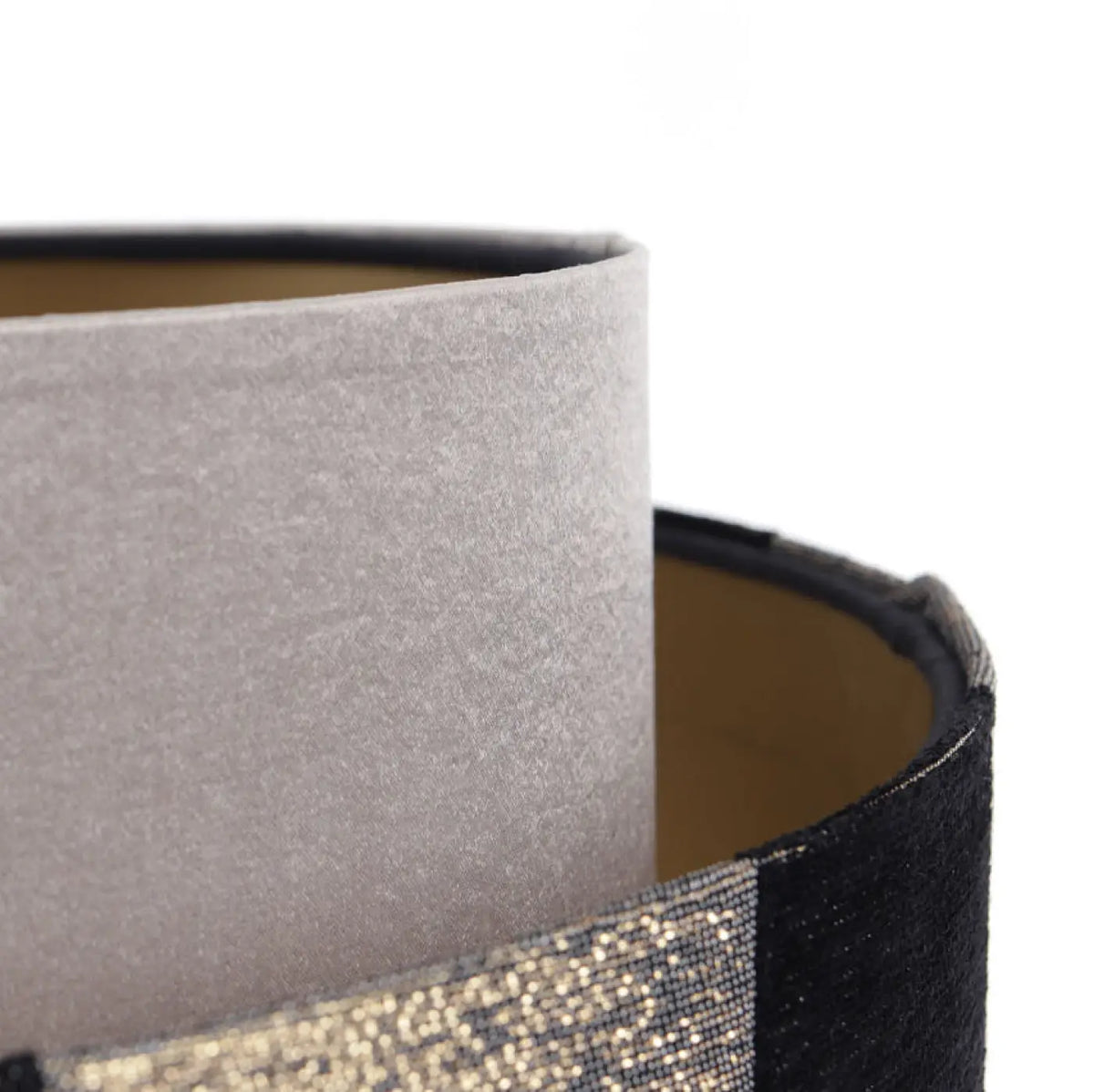Suspension double cylindre beige, noir et doré, en tissu