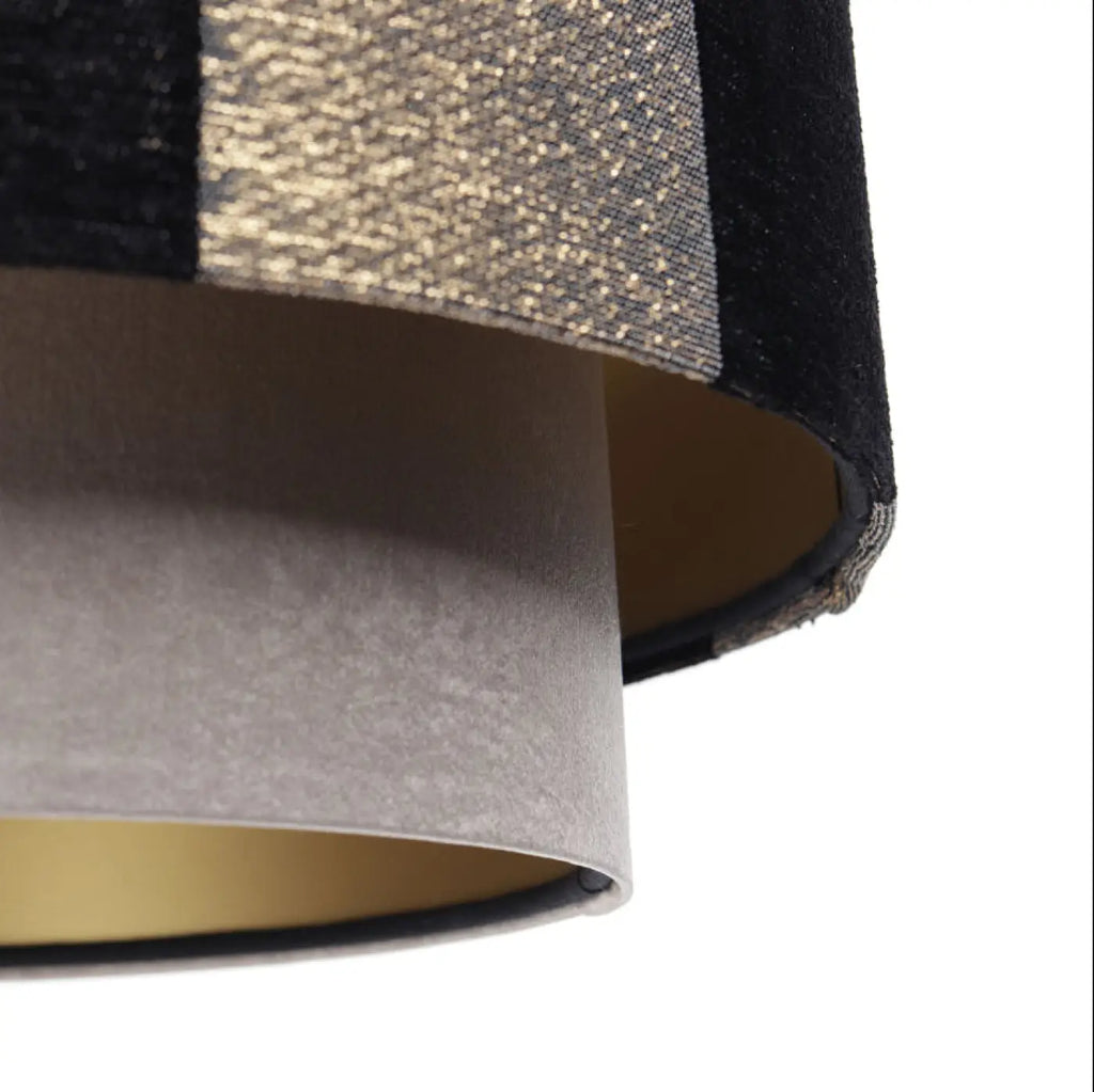 Suspension double cylindre beige, noir et doré, en tissu