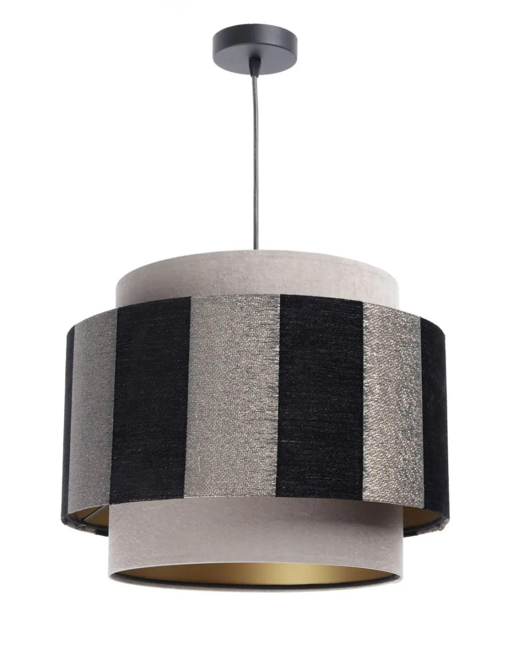 Suspension double cylindre beige, noir et doré, en tissu