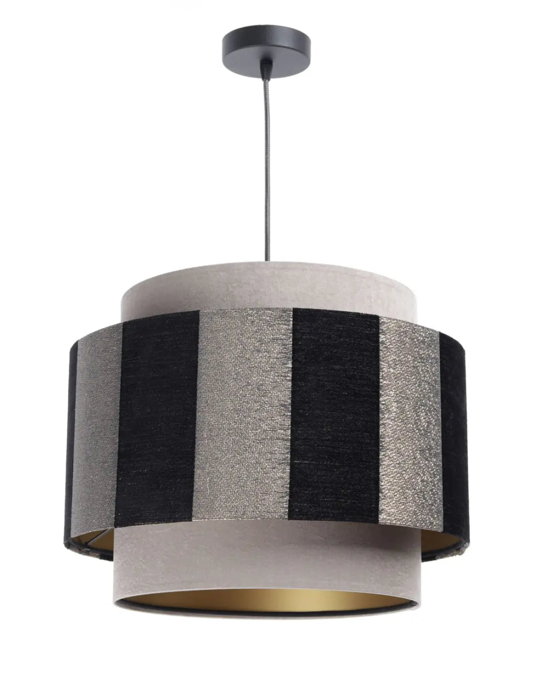 Suspension double cylindre beige, noir et doré, en tissu