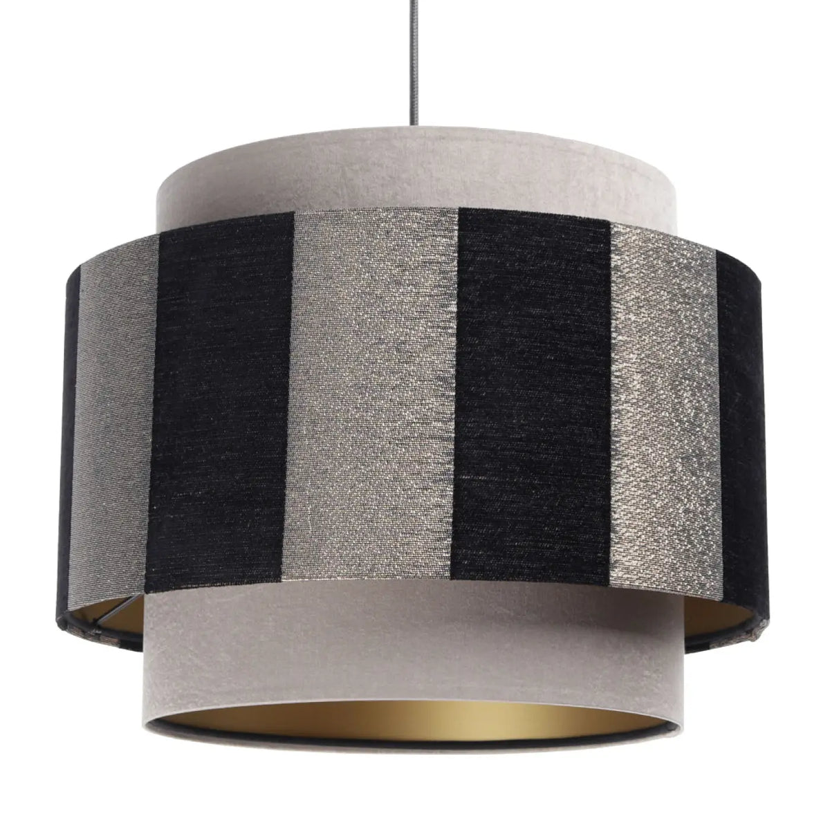 Suspension double cylindre beige, noir et doré, en tissu