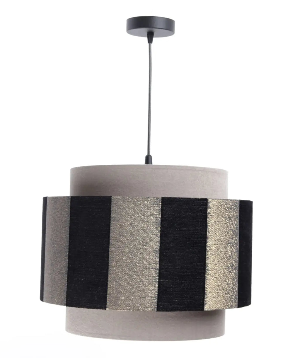 Suspension double cylindre beige, noir et doré, en tissu