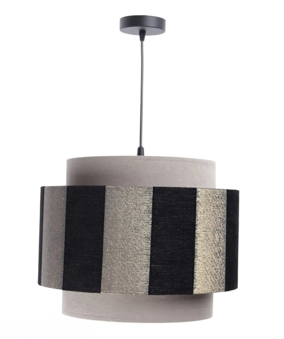 Suspension double cylindre beige, noir et doré, en tissu