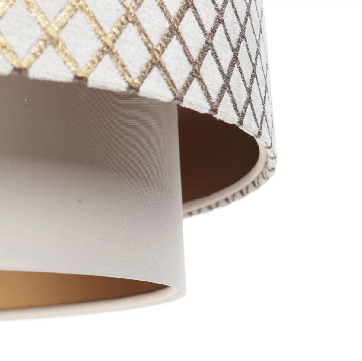 Suspension ajourée blanc crème et doré, double cylindre en tissu