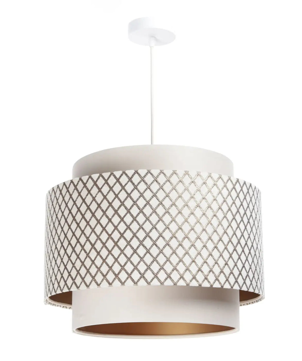Suspension ajourée blanc crème et doré, double cylindre en tissu