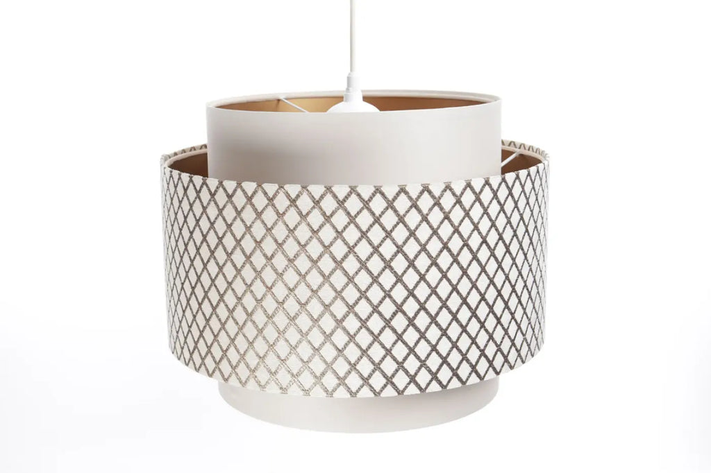 Suspension ajourée blanc crème et doré, double cylindre en tissu