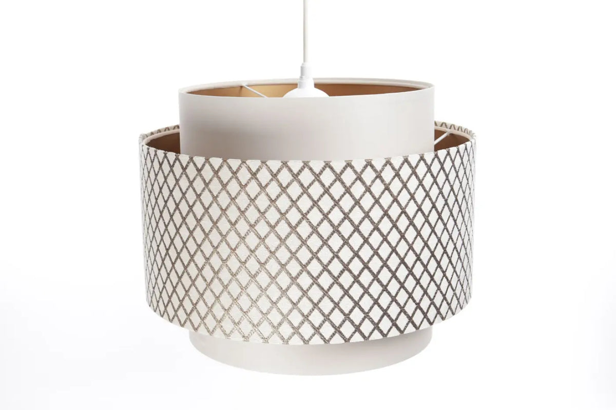 Suspension ajourée blanc crème et doré, double cylindre en tissu