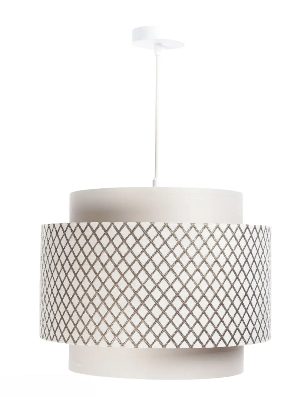 Suspension ajourée blanc crème et doré, double cylindre en tissu
