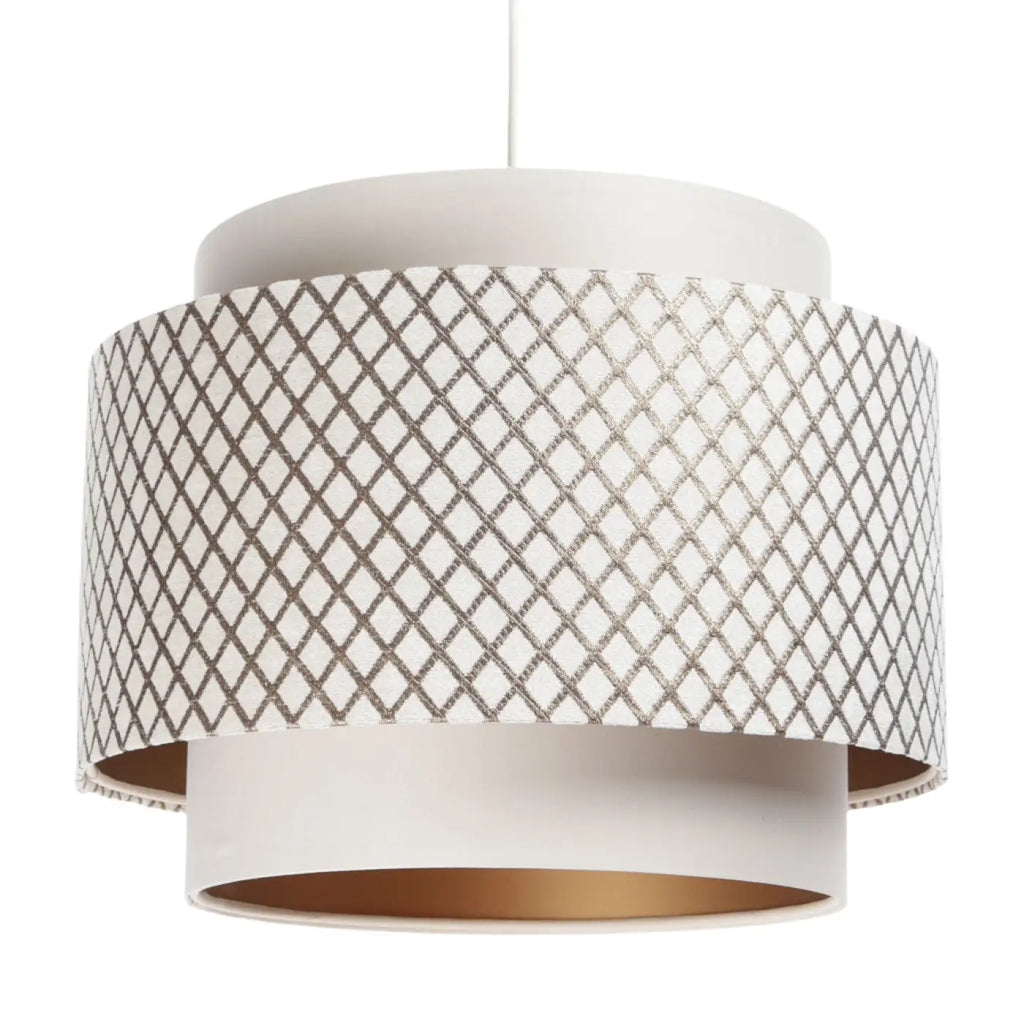 Suspension ajourée blanc crème et doré, double cylindre en tissu