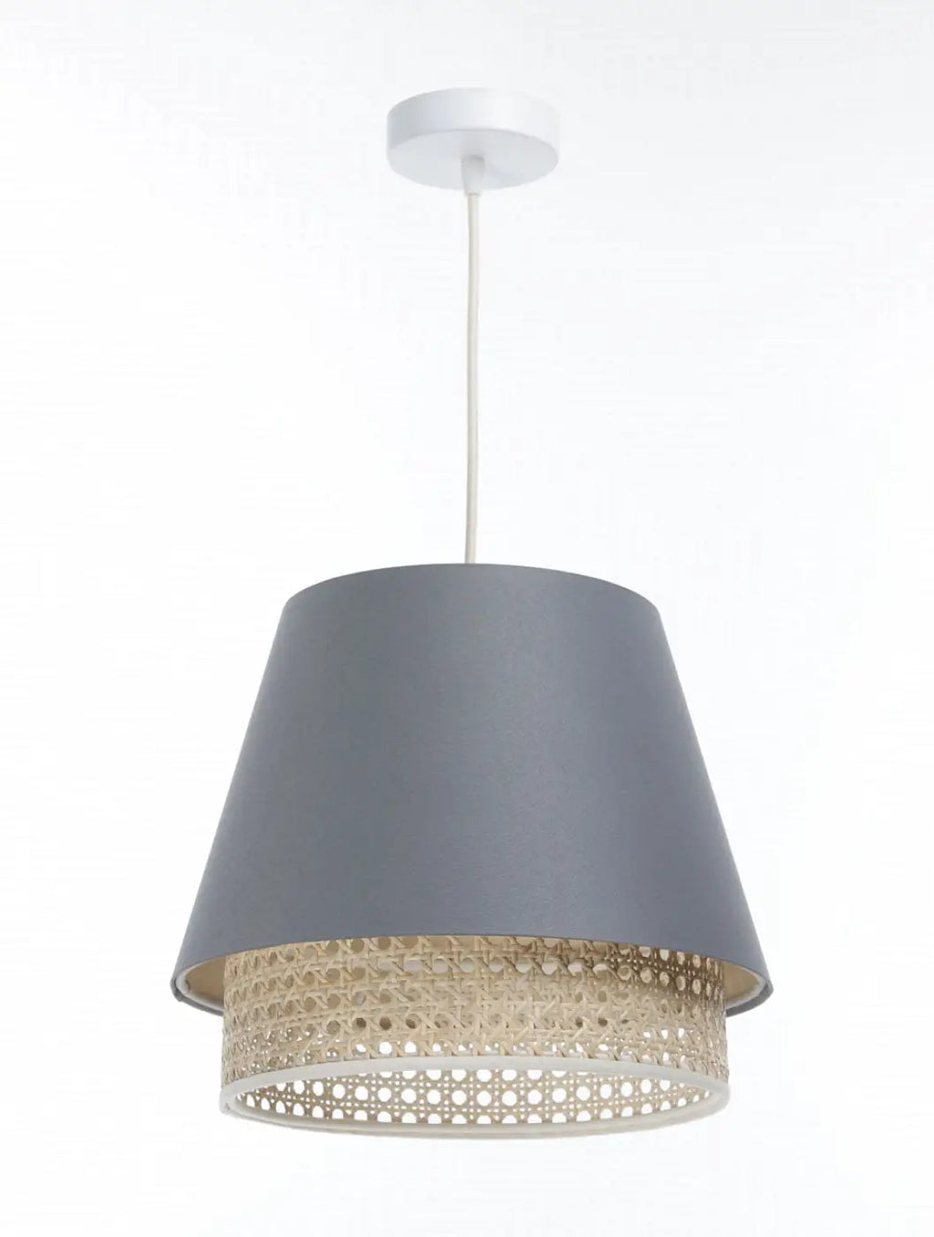 Suspension bleu gris moderne avec abat-jour en rotin